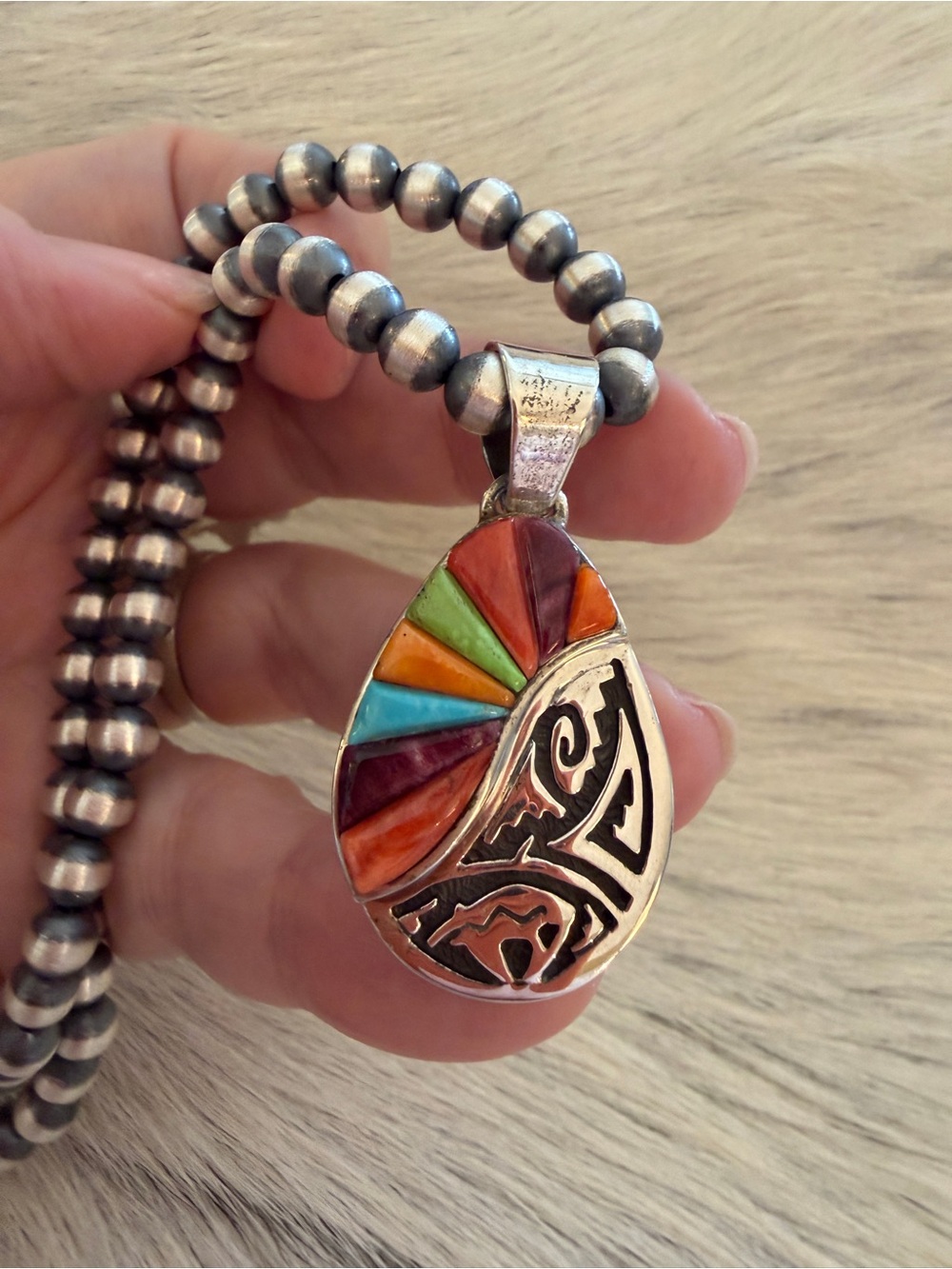 ❤️ Navajo Signed Calvin Begay Spirit Bear Sunrise MultiStone Inlay 925 Pendant - Picture 7 of 14